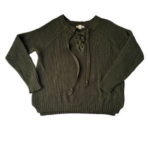 It’s Our Time V Neck Lace Up Knit Green Sweater Women’s Size Medium